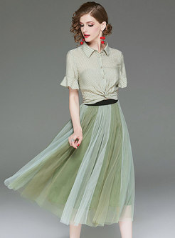Striped Lapel Flare Sleeve Blouse & Color-blocked Mesh Skirt