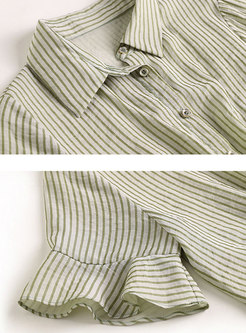 Striped Lapel Flare Sleeve Blouse & Color-blocked Mesh Skirt
