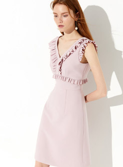 Elegant Pink V-neck Falbala Sleeveless Slim Dress