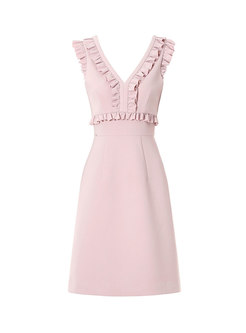 Elegant Pink V-neck Falbala Sleeveless Slim Dress