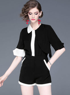Fashion Color-blocked Half Sleeve Asymmetric Rompers
