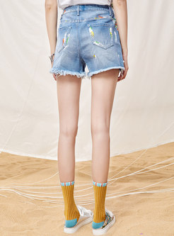 Chic Lace Splicing High Waist Denim Shorts