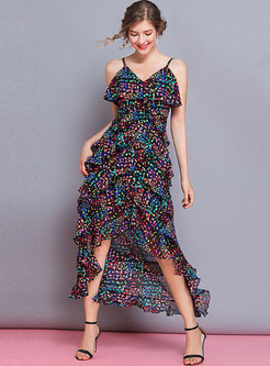 Multi Color Polka Dot V-neck Asymmetric Slip Dress