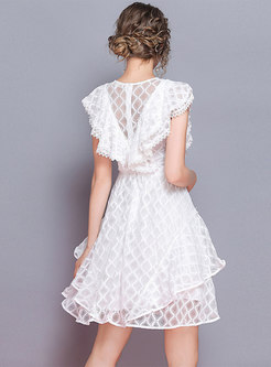 Lace O-neck Bowknot Asymmetric Slim Dress