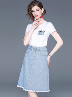 Stylish O-neck Pullover T-shirt & Denim A Line Skirt