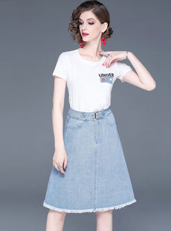 Stylish O-neck Pullover T-shirt & Denim A Line Skirt