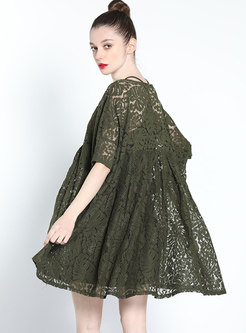 Solid Color Lace Hollow Out Loose Shift Dress