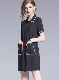 Brief Turn-down Collar Embroidered Loose Shift Dress