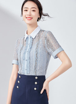 Chic Lace Lapel Hollow Out Blouse With Cami