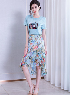 Stylish Asymmetric Print Falbala Slim Mermaid Skirt 