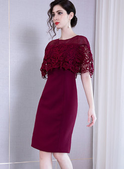 Solid Color Gathered Waist Hollow Out Lace Sheath Dress