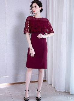 Solid Color Gathered Waist Hollow Out Lace Sheath Dress