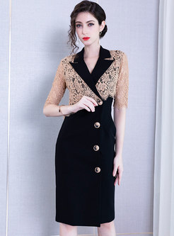 Elegant Lace Splicing Lapel Single-breasted Bodycon Dress 
