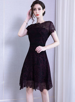 Elegant Pure Color Asymmetric Embroidered Skater Dress