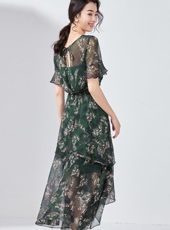Floral Flare Sleeve High Waist Asymmetric Dress With Tanks