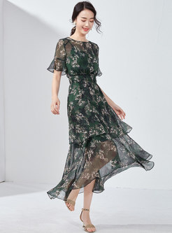 Floral Flare Sleeve High Waist Asymmetric Dress With Tanks