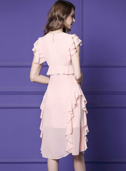 Sweet Pink Gathered Waist Falbala Bodycon Dress