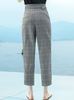Plaid High Waist Belted Straight Pants