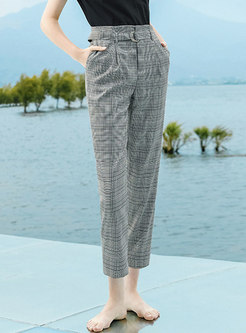 Plaid High Waist Belted Straight Pants