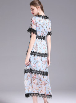 Lace Splicing Print V-neck High Waist Slim Dress