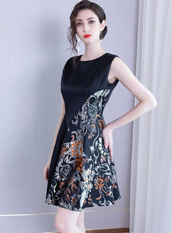 Elegant O-neck Sleeveless Print Splicing A Line Dress