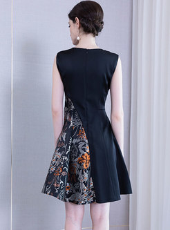 Elegant O-neck Sleeveless Print Splicing A Line Dress