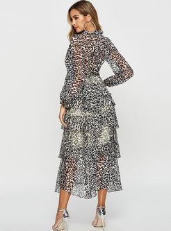 Sexy Deep V-neck Long Sleeve Leopard Dress