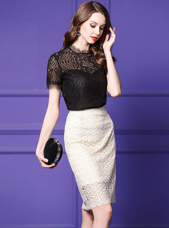 Apricot Lace Gathered Waist Hollow Out Slim Skirt