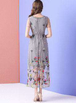 Mesh Embroidered Square Neck High Waist Maxi Dress