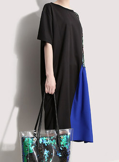 Color-blocked O-neck Sequined Asymmetric T-shirt Dress