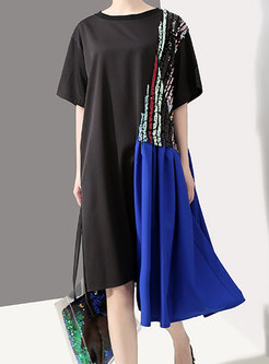 Color-blocked O-neck Sequined Asymmetric T-shirt Dress