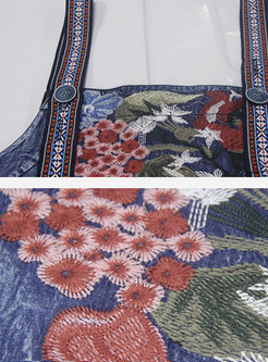 Vintage Denim Patchwork Embroidered Overalls