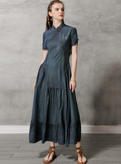 Vintage Denim Stand Collar Slim Maxi Dress