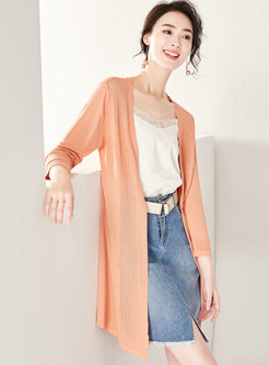 Solid Color Hollow Out V-neck Knitted Top