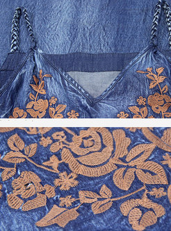 Chic Denim Embroidered Tie-waist Slip Dress