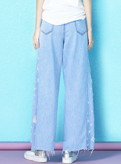 Casual Color-blocked Rough Selvage Wide Leg Pants