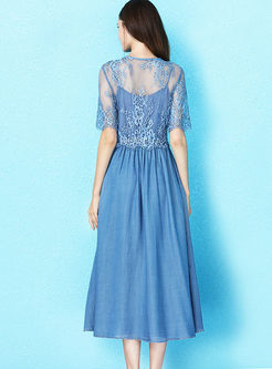 O-neck Lace Splicing Denim Maxi Dress With Cami