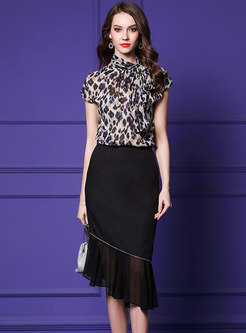 Elegant Leopard Top & Black Irregular Sheath Skirt