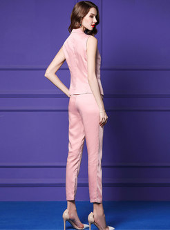 Pink Work Sleeveless Vest & Pure Color Straight Pants