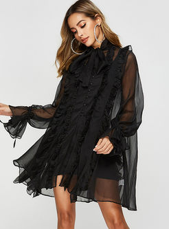 Sexy Long Sleeve Mesh Shift Dress With Cami