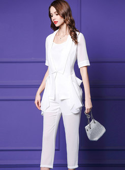 Work White Zip-up Top & See-though Straight Pants
