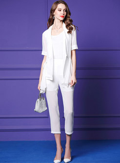 Work White Zip-up Top & See-though Straight Pants