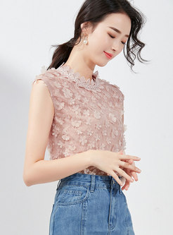 Cute Stand Collar Stereoscopic Flower Pullover Top