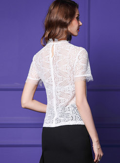 Stylish Hollow Out Lace See-though T-shirt
