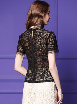Stylish Black Slim Lace Perspective All-matched T-shirt