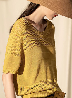 Casual Hollow Out Retro Yellow Loose Knitted Top