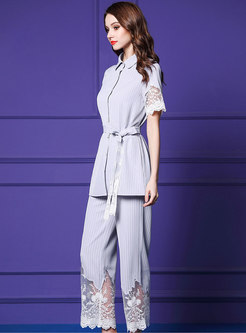 Casual Lapel Tied Striped Top & Embroidered Lace Splicing Pants