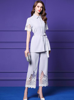 Casual Lapel Tied Striped Top & Embroidered Lace Splicing Pants
