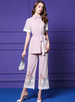 Sweet Pink Tied Striped Top & Embroidered Lace Splicing Pants