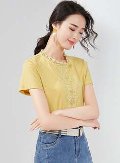 Stylish Pure Color Lace Splicing Cotton T-shirt